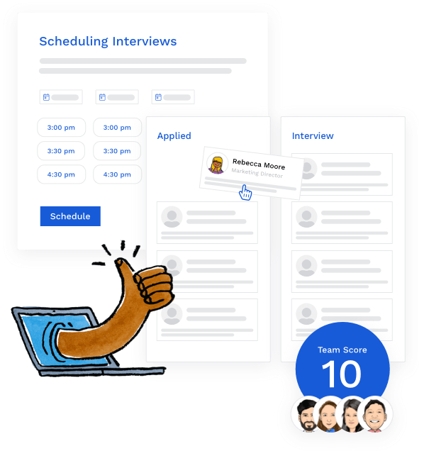 Collage of a thumbs up with Breezy ’s interview scheduling screen, pipeline stages screen, and team score